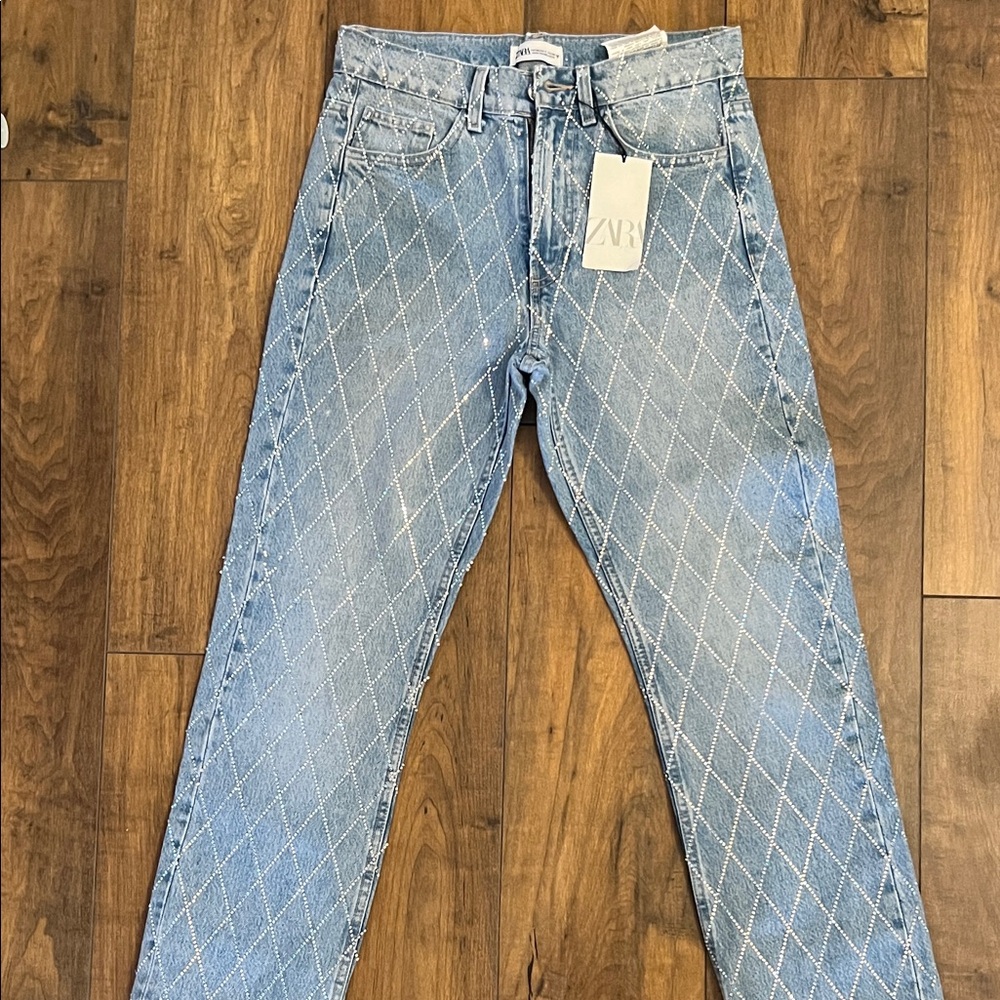 Zara Light Blue rhinestone  woman’s  Straight bootcut Jeans